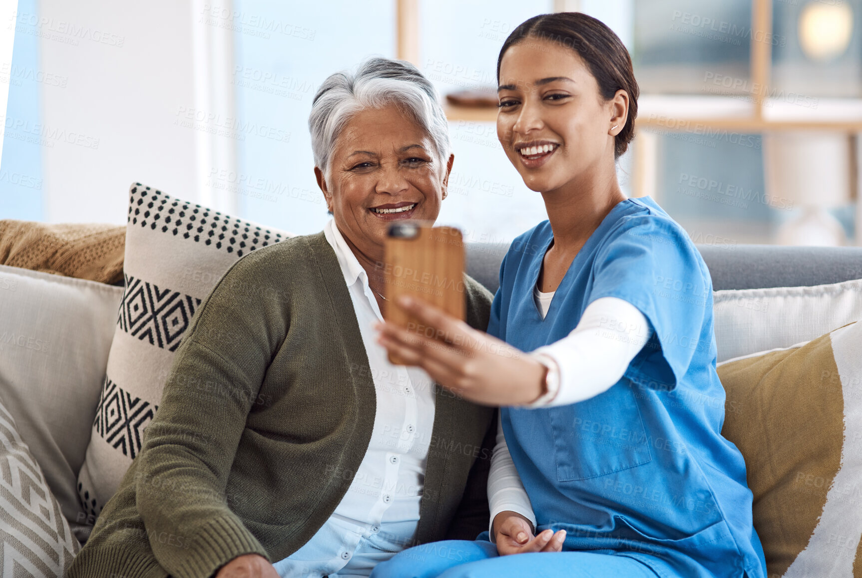 Buy stock photo Caregiver, selfie or old woman in nursing home with smile or happiness for profile pictures or retirement. Women, photography or happy nurse relaxing or smiling with elderly patient for wellness 