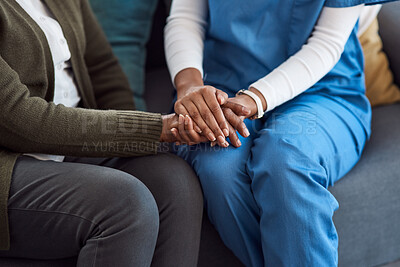 Buy stock photo Counseling, woman or caregiver holding hands for support or empathy for healthcare service of cancer therapy. Closeup, psychology help or sick patient in consulting with a nurse in consultation 