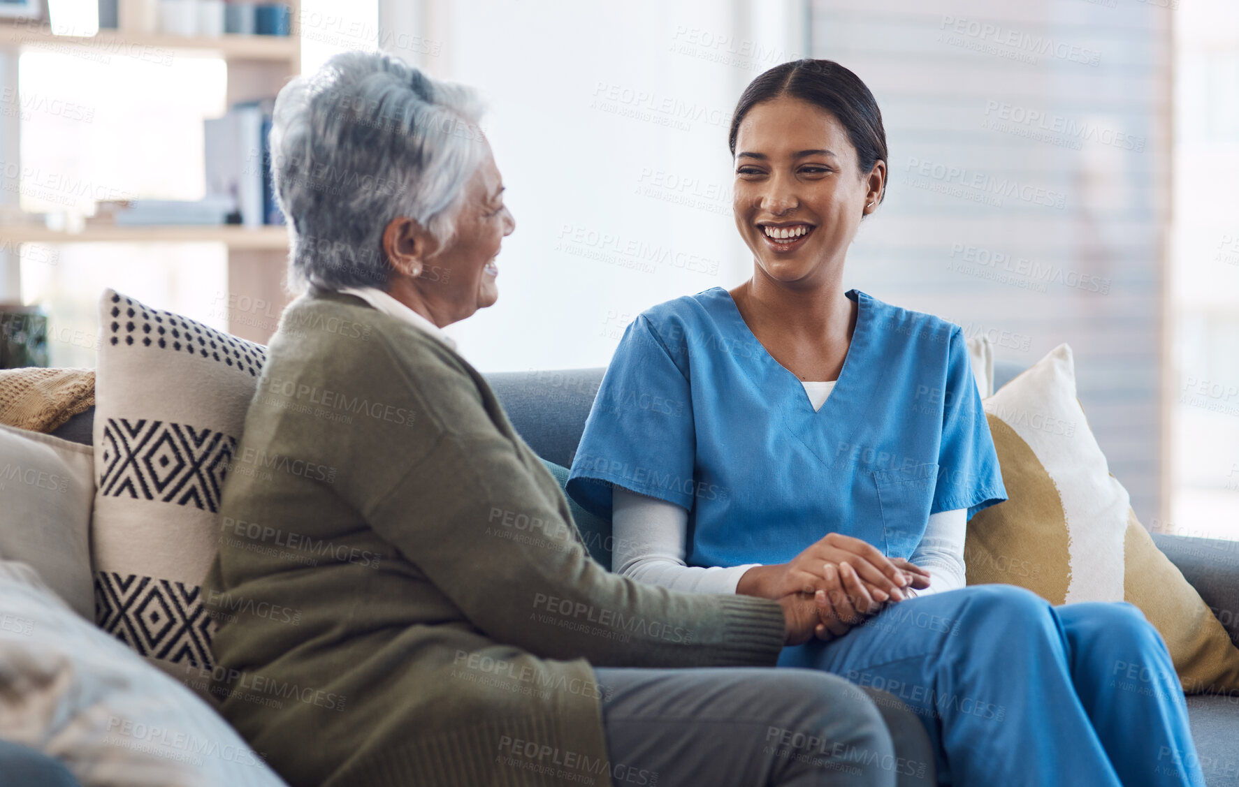 Buy stock photo Healthcare, support and a nurse talking to an old woman in a nursing home during a visit or checkup. Medical, empathy and a female medicine professional having a conversation with a senior resident