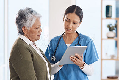 Buy stock photo Healthcare, senior woman or doctor with tablet, patient or conversation with connection. Female person, employee or medical professional with mature lady, telehealth or support with diagnosis