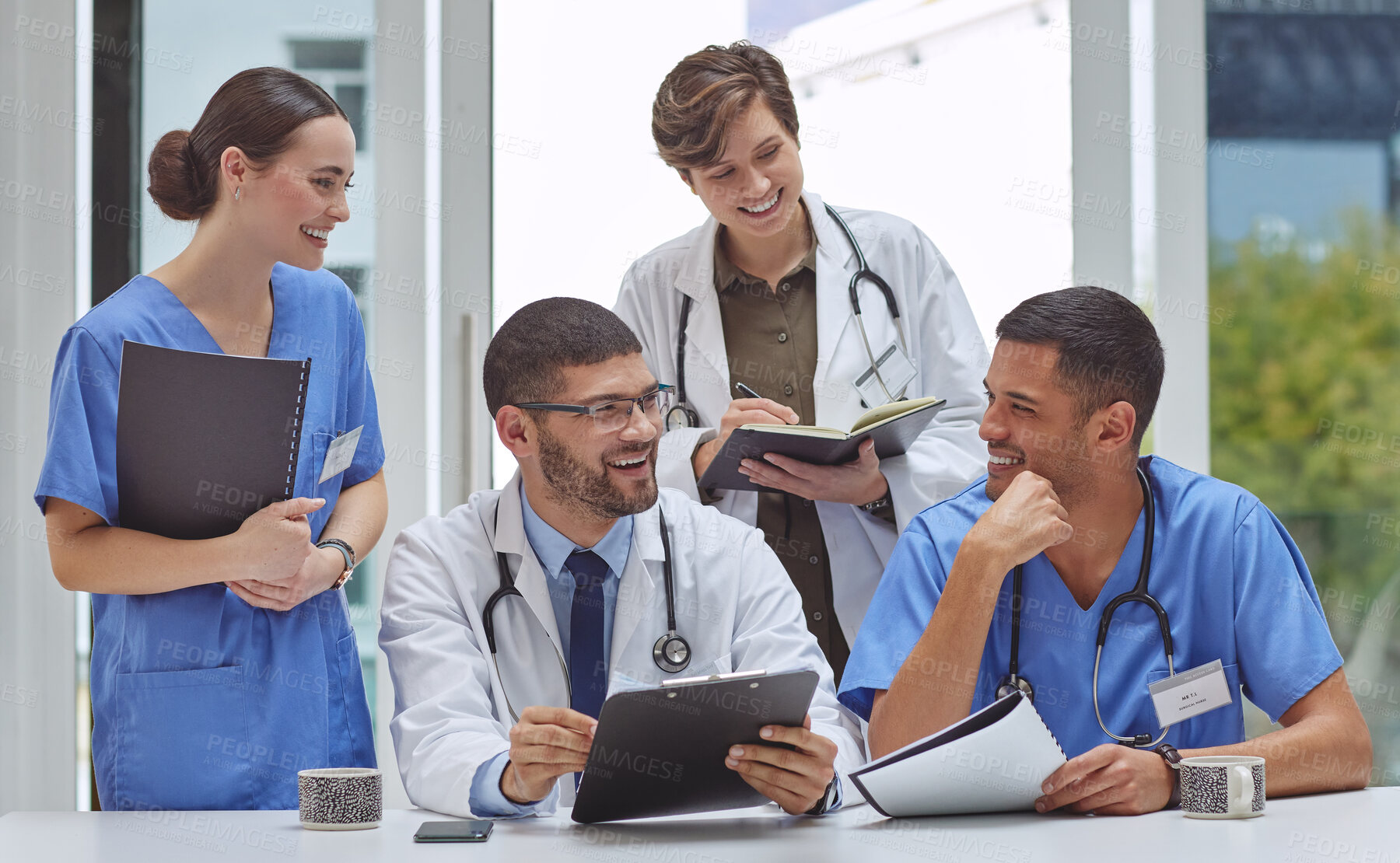 Buy stock photo Happy people, doctor and meeting with documents for healthcare, insurance or discussion at hospital. Group of medical employees or team with smile and paperwork for collaboration or results at clinic