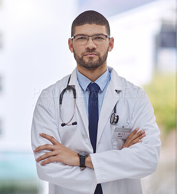 Buy stock photo Hospital, doctor and portrait of man with pride or confidence in healthcare or trust in clinic service. Professional, surgeon and person with arms crossed at office with expert opinion and advice