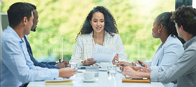 Buy stock photo Woman, meeting and reading paperwork for project with teamwork, collaboration and cooperation. Manager, planning and speaking to staff with report, proposal review or chat with feedback on document