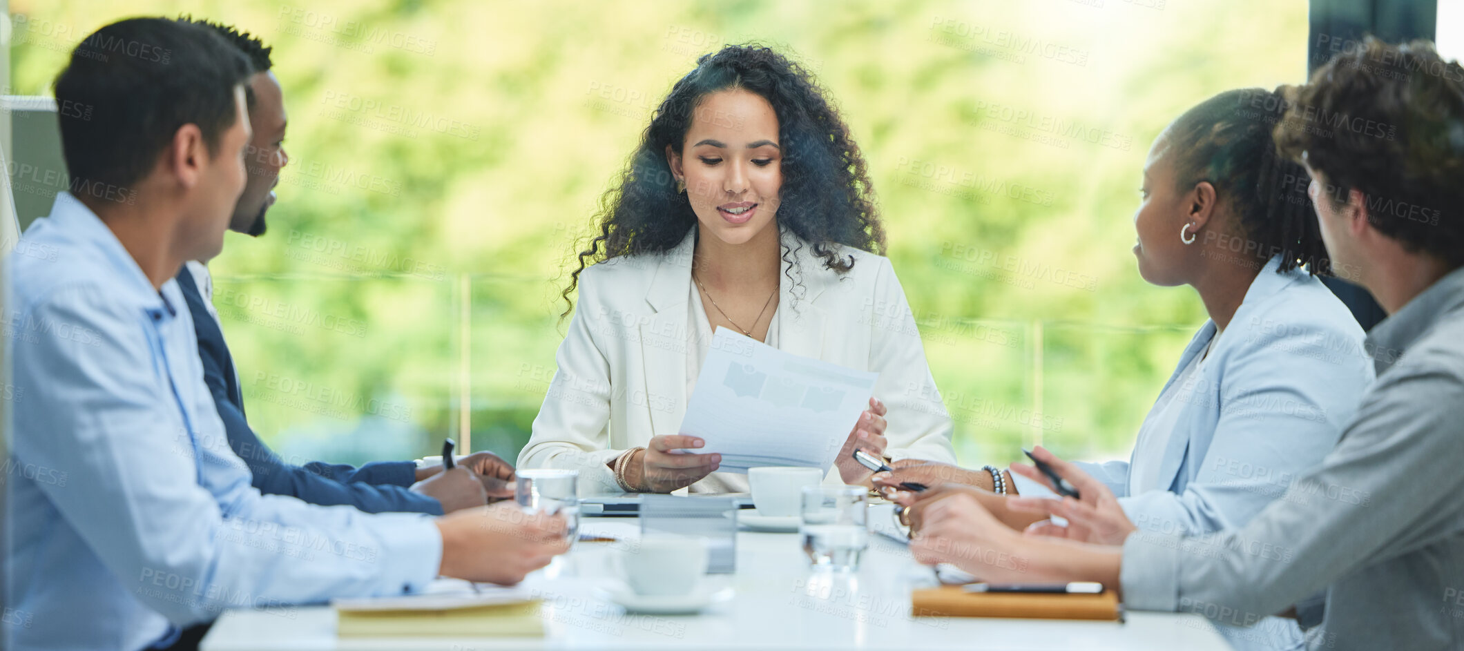 Buy stock photo Woman, meeting and reading paperwork for project with teamwork, collaboration and cooperation. Manager, planning and speaking to staff with report, proposal review or chat with feedback on document