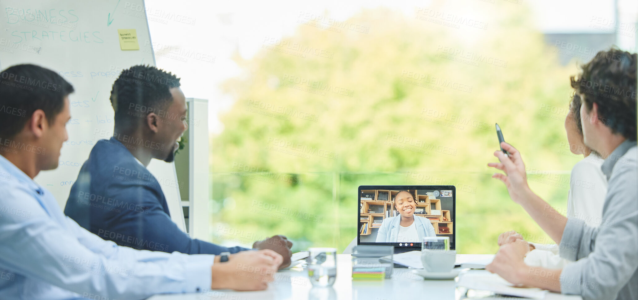 Buy stock photo Video call, boardroom and business people in chat with laptop for networking and connectivity in office. Planning, project management and manager with team, workshop and computer for online meeting