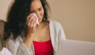 Buy stock photo Crying, sad and woman with movie on laptop for watching videos, entertainment and streaming subscription. Home, depression and person on computer with tissue for film on weekend in living room