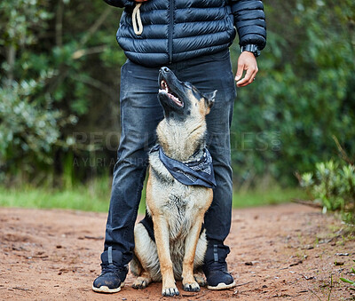 Buy stock photo Shot of a man spending quality time with his adorable german shepherd in the park