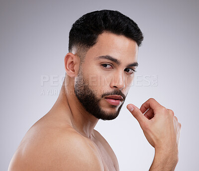 Buy stock photo Thinking, skincare and natural beauty of man in studio for grooming isolated on white background. Dermatology, serious face and model in cosmetics for health, wellness and clean facial aesthetic