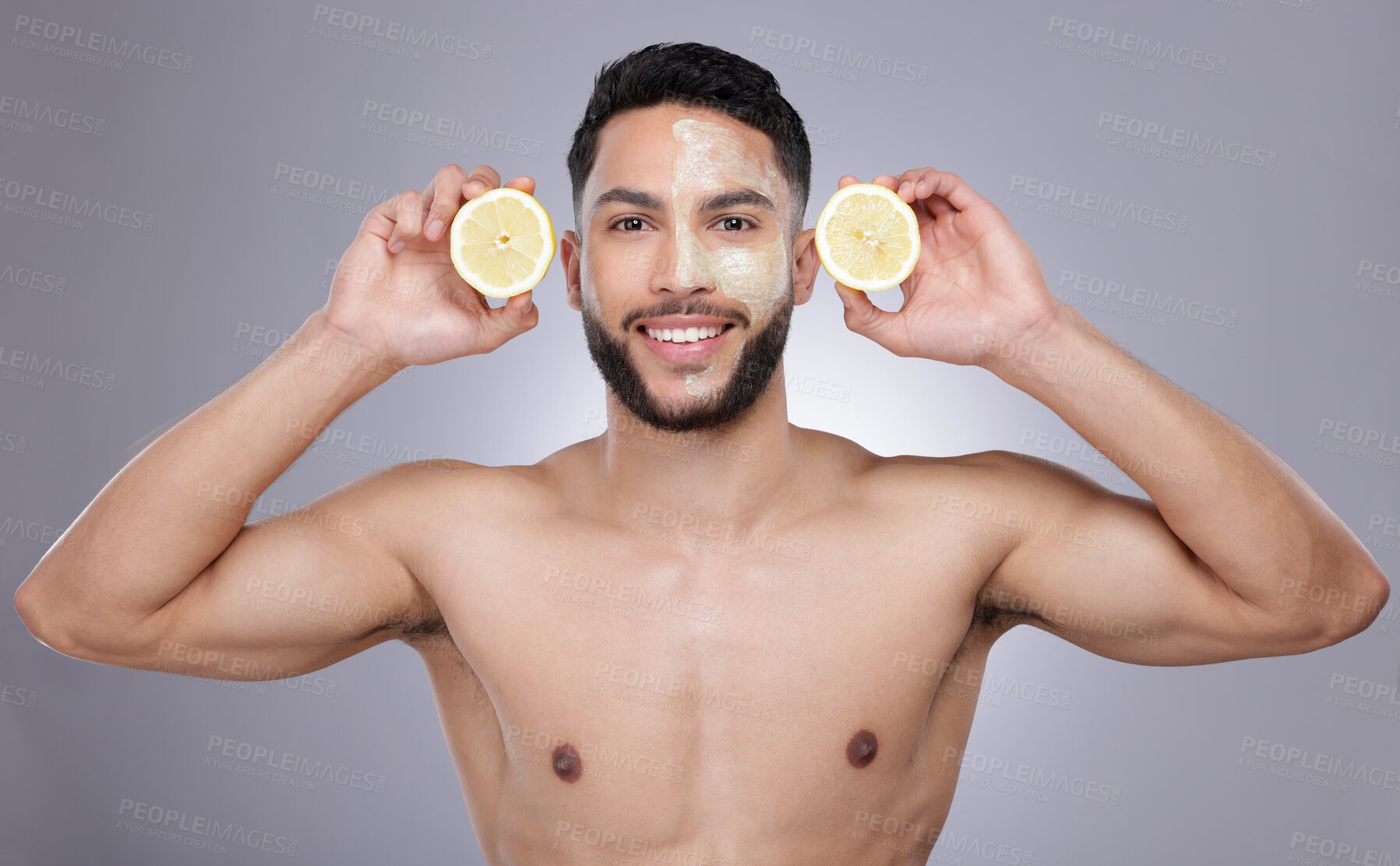 Buy stock photo Skincare, portrait and man with lemon mask, confidence and vitamin c treatment in studio. Cosmetics, facial health and happy male model with fruit detox, dermatology or grooming on white background