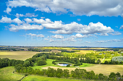 Buy stock photo Farming, agricultural remote view of lush fields, cultivated outdoors on a sunny day. Vibrant and bright pastures growing on farmland with blue sky background over a vast and open meadow