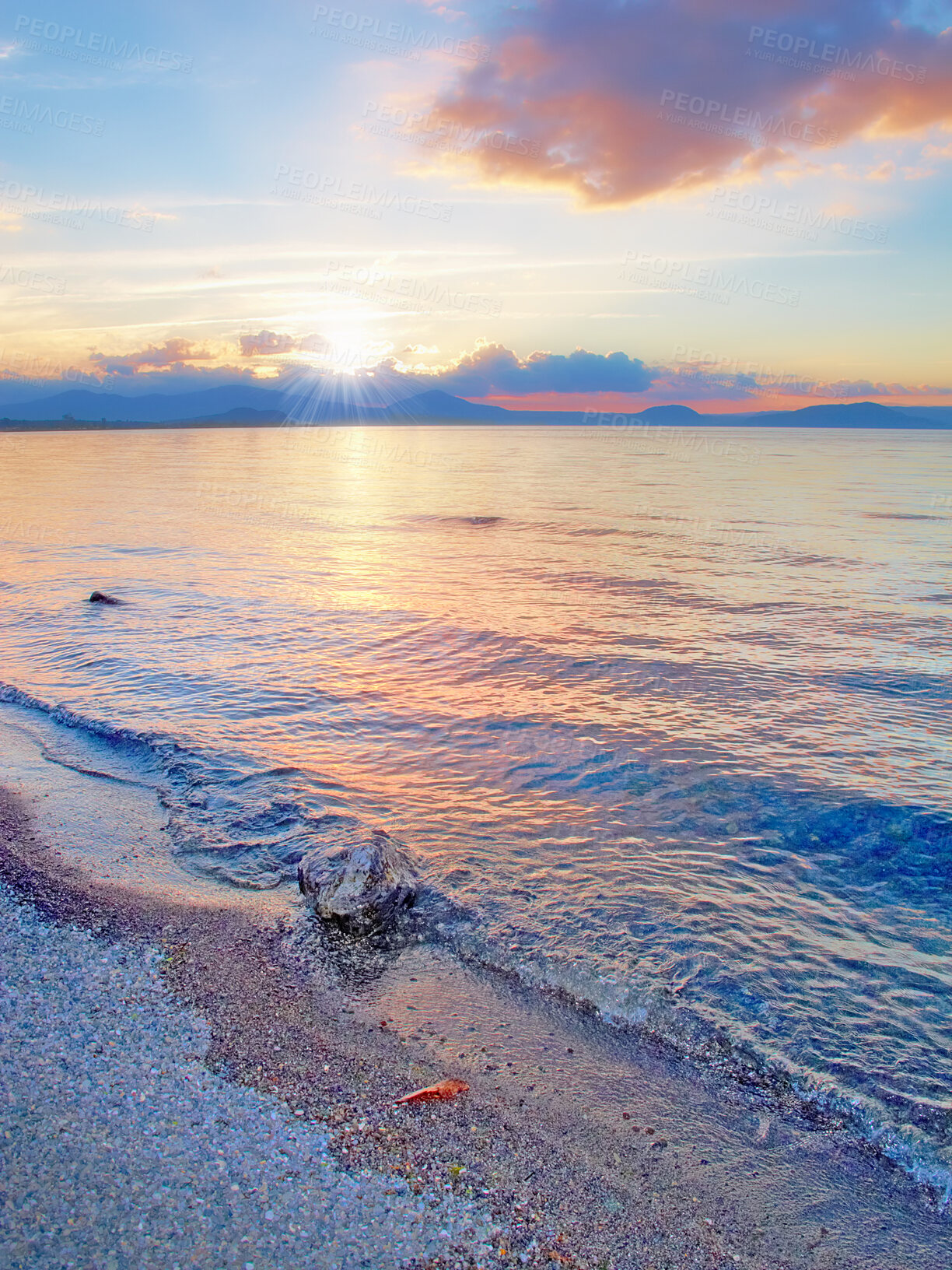 Buy stock photo Beach, water and ocean view of blue sky and clouds at sunrise.  Nature landscape of calm, stressless and peaceful sea in summer. Cloudy seaside tides and currents on a bright and beautiful day.