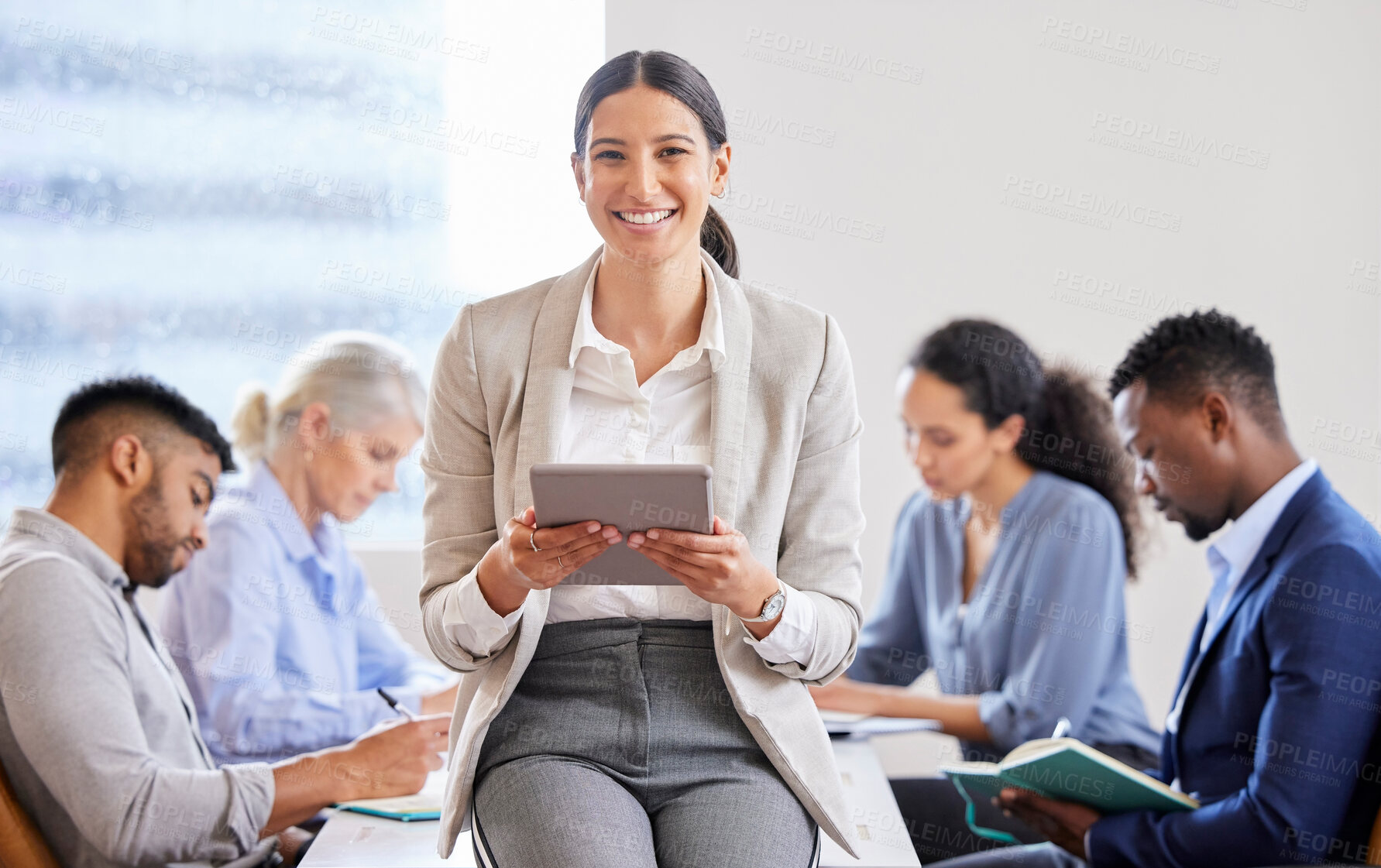 Buy stock photo Businesswoman, tablet and teamwork in office with success, results and goals in portrait. Manager, technology and smile for partnership, collaboration and cooperation together in company workplace