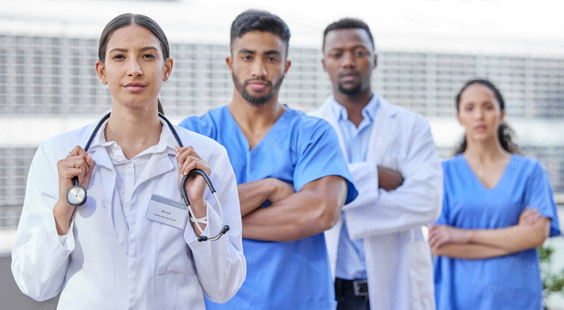 Buy stock photo Doctors, outdoor and confident portrait for support, medical service and healthcare solidarity. Collaboration, unity and teamwork or trust in staff or employees, medicine and proud of insurance