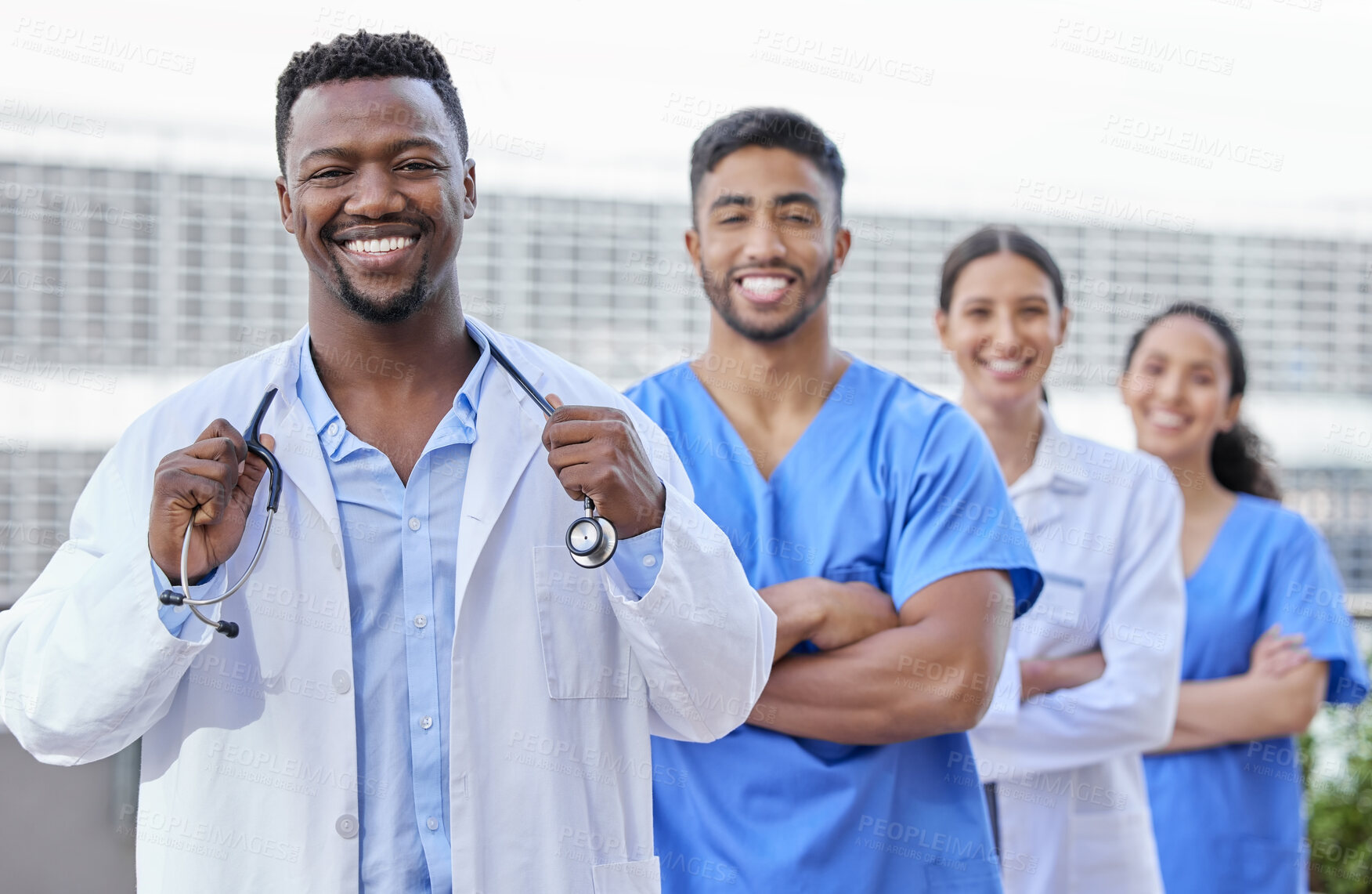 Buy stock photo Doctors, people and confident portrait for teamwork, medical service and healthcare solidarity. Collaboration, unity and diversity or trust in staff or leadership, medicine and proud of insurance