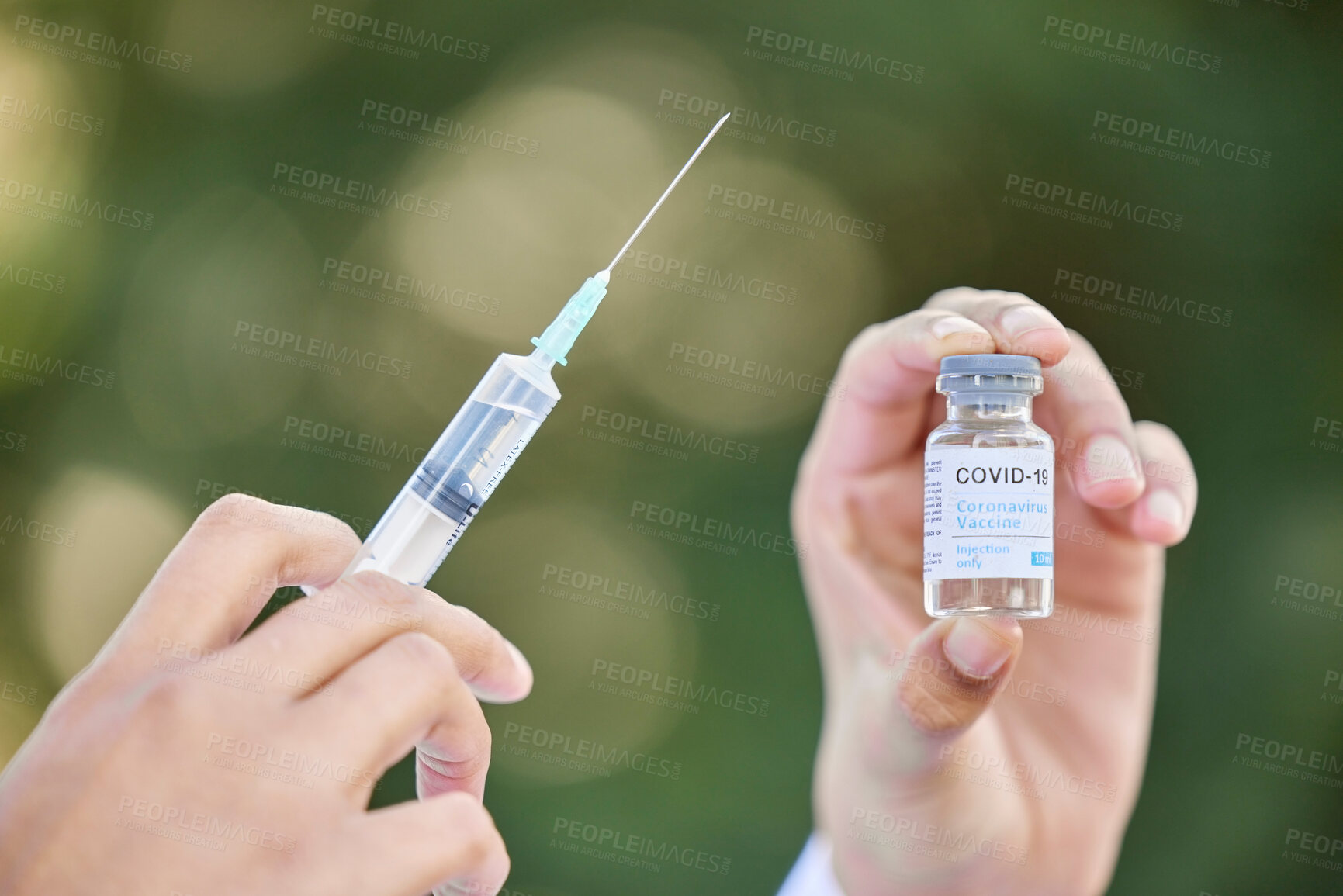 Buy stock photo Hands, doctor and syringe or vial in outdoor, medicine and pharmaceutical injection for healthcare. Nurse, person and fingers for medication or covid 19 treatment, vaccine and dose of booster shot