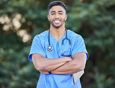 Buy stock photo Man, nurse portrait and arms crossed of healthcare and wellness professional outdoor. Success, doctor motivation and nursing male person in nature with a smile from career confidence and work