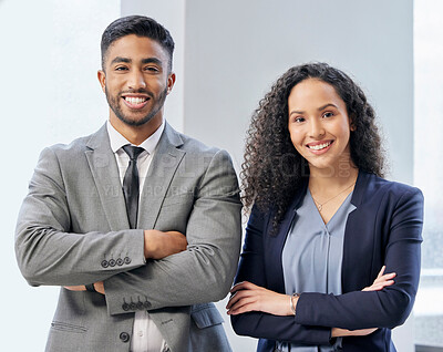 Buy stock photo Shot of a young businessman and businesswoman together