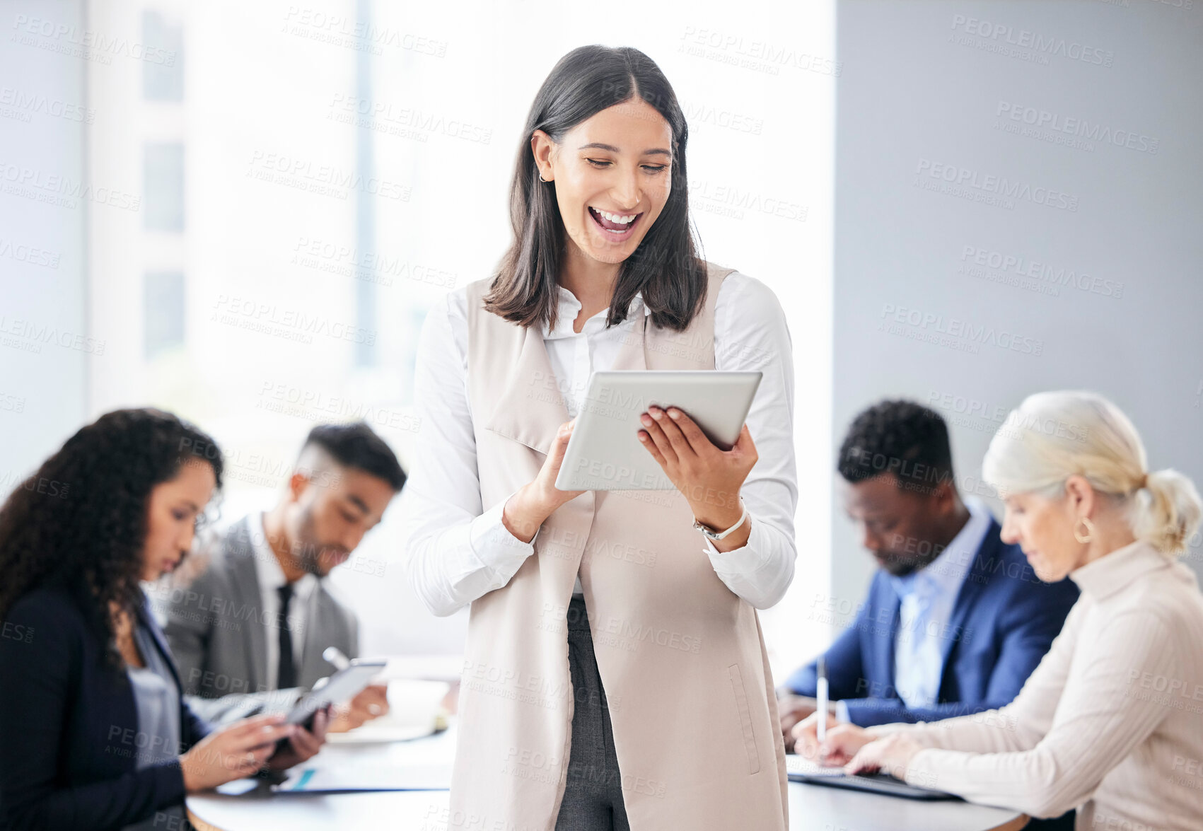 Buy stock photo Woman, tablet and smile in office for business meeting, success or deal with corporate company. Female accountant, ebook and happiness for financial pitch in workplace, strategy for global economy