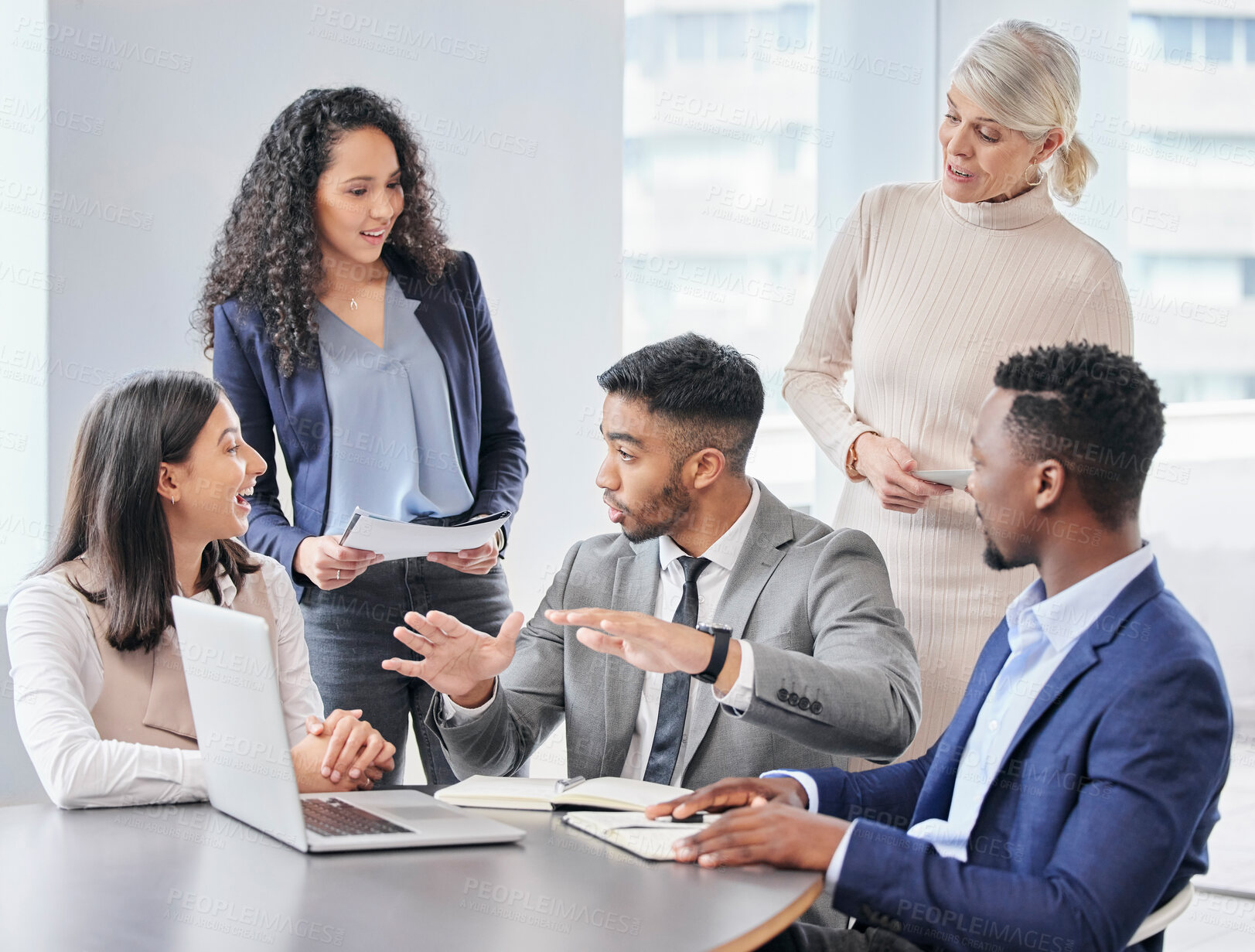 Buy stock photo Idea, proposal and coworking people in meeting at office planning in conversation with project manager. Teamwork, support and collaboration on solution with market research, review and feedback