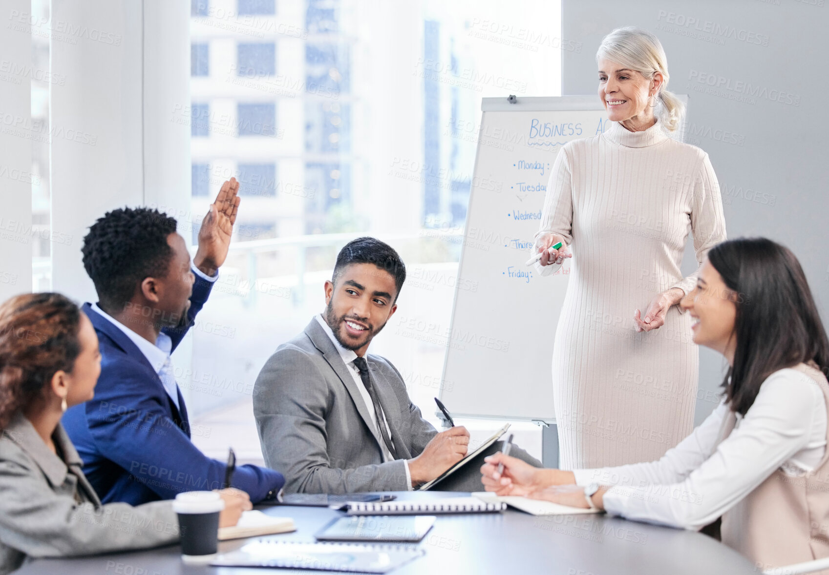 Buy stock photo Happy, business people and speaker for team meeting, communication and collaboration on company calendar. Smile, corporate group and discussion in office about planning schedule with paperwork