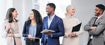 Buy stock photo Business people, group and happy with diversity in finance agency, talk or ready for meeting. Men, women and conversation with teamwork, financial management or tech for solidarity in modern office