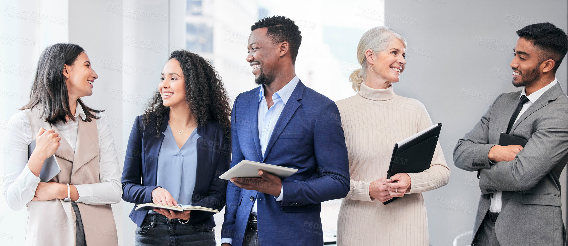 Buy stock photo Business people, group and happy with diversity in finance agency, talk or ready for meeting. Men, women and conversation with teamwork, financial management or tech for solidarity in modern office