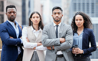 Buy stock photo Serious business people, city portrait and arms crossed outdoor with leadership and management success. Professional, urban team and group with company diversity and solidarity for corporate work