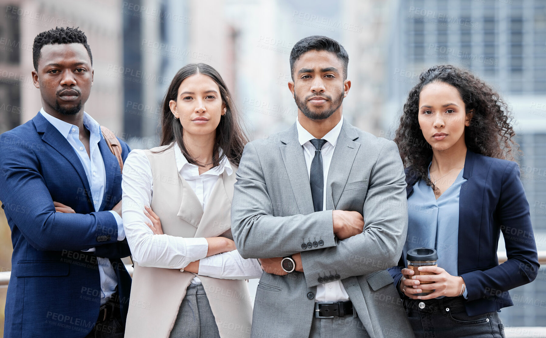 Buy stock photo Serious business people, city portrait and arms crossed outdoor with leadership and management success. Professional, urban team and group with company diversity and solidarity for corporate work