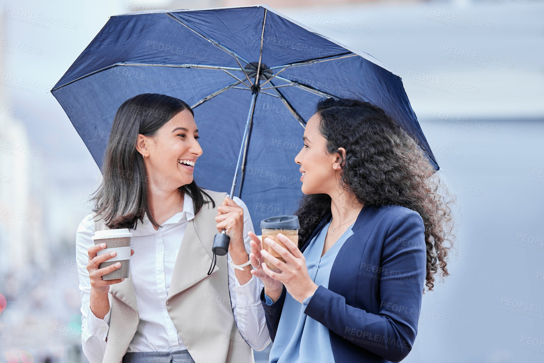 Buy stock photo Woman, discussion and business with umbrella in city while walking to office on street. Coffee break, communication and insurance salesman with mobile conversation in town with weather and rain