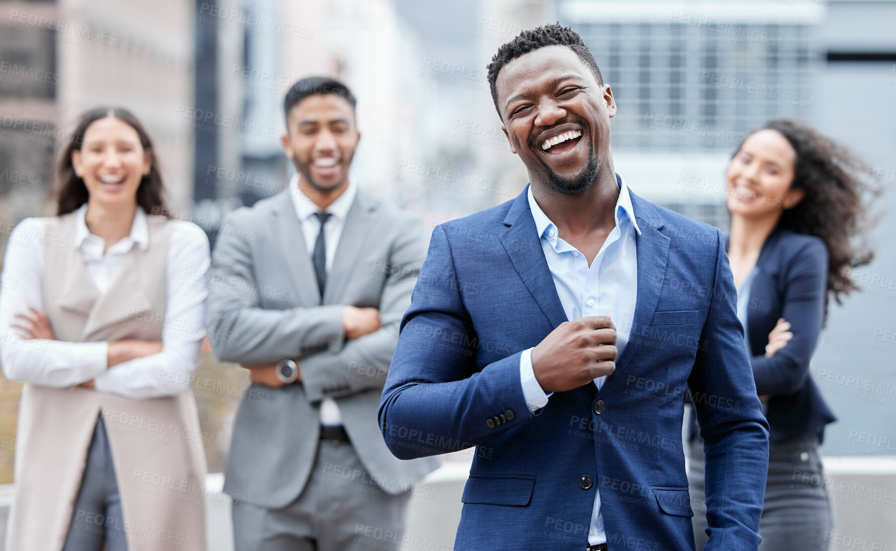 Buy stock photo Portrait, businessman and happy in city with pride, leadership and collaboration by office building. Group, diversity and management for teamwork, project and career for global company in London