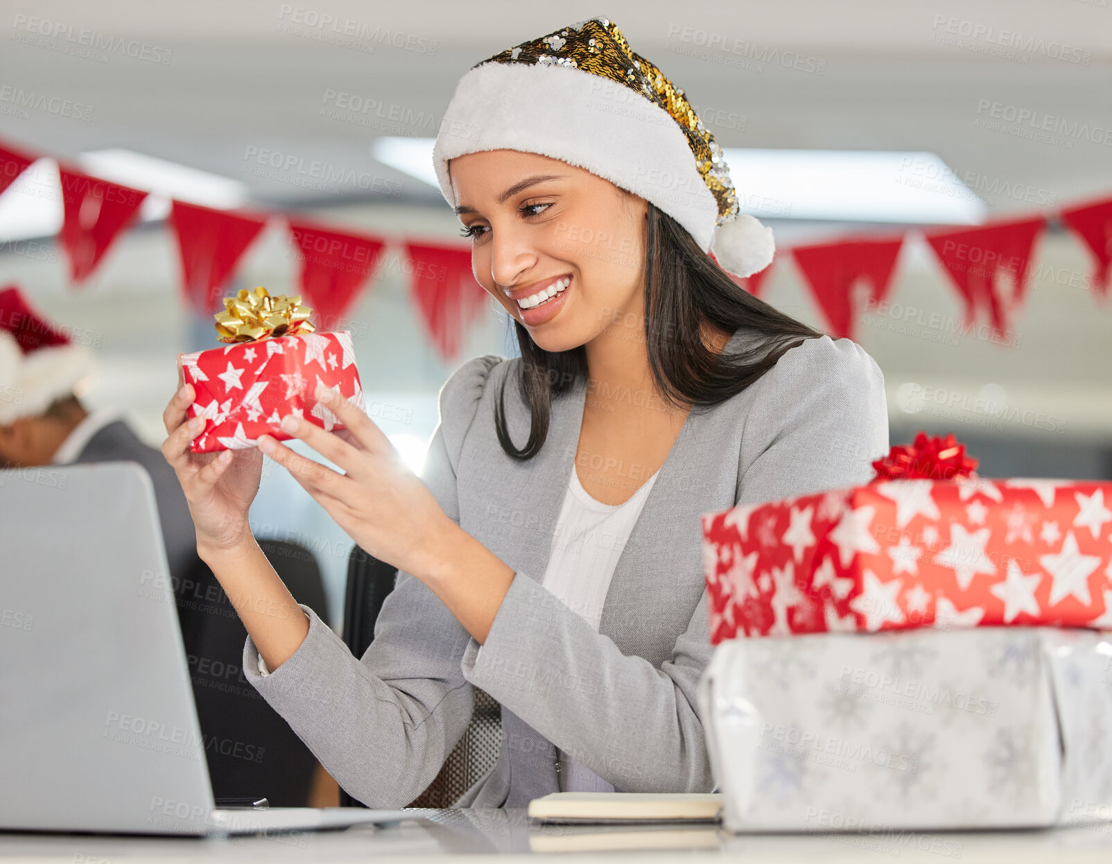 Buy stock photo Business, curious or woman with Christmas present, smile or happiness with festive season, wonder or thinking. Person, agent and consultant with Xmas gift, guess or celebration with package or parcel