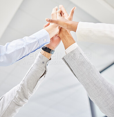 Buy stock photo Business people, teamwork and hands for high five support for corporate deal, partnership or community. Employees, collaboration and celebration unity with coworkers for achievement, target or goal