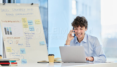 Buy stock photo Businessman, phone call and statistics charts in office on whiteboard on laptop, financial or graphs. Male person, smile and networking with growth results for investment deal, email or stock market