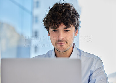 Buy stock photo Business man, laptop and reading in office for research, info and thinking for problem solving at startup, Person, employee and computer with ideas, search and process for solution at creative agency