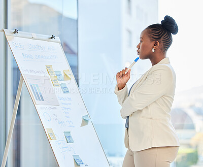 Buy stock photo Business, whiteboard and black woman thinking, planning and brainstorming, agenda and schedule in office. Calendar, management and African female manager with visual for sales, target and solution