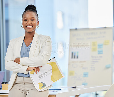 Buy stock photo Portrait, smile and black woman with business documents in office for proposal, development or planning. Face, leader and female ceo with file for review, startup and strategy, mission and our vision