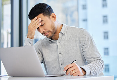 Buy stock photo Man, headache and laptop in office, tired and thinking with stress for deadline, burnout or exhausted. Business person, computer and migraine with fatigue, pain or massage head in insurance company