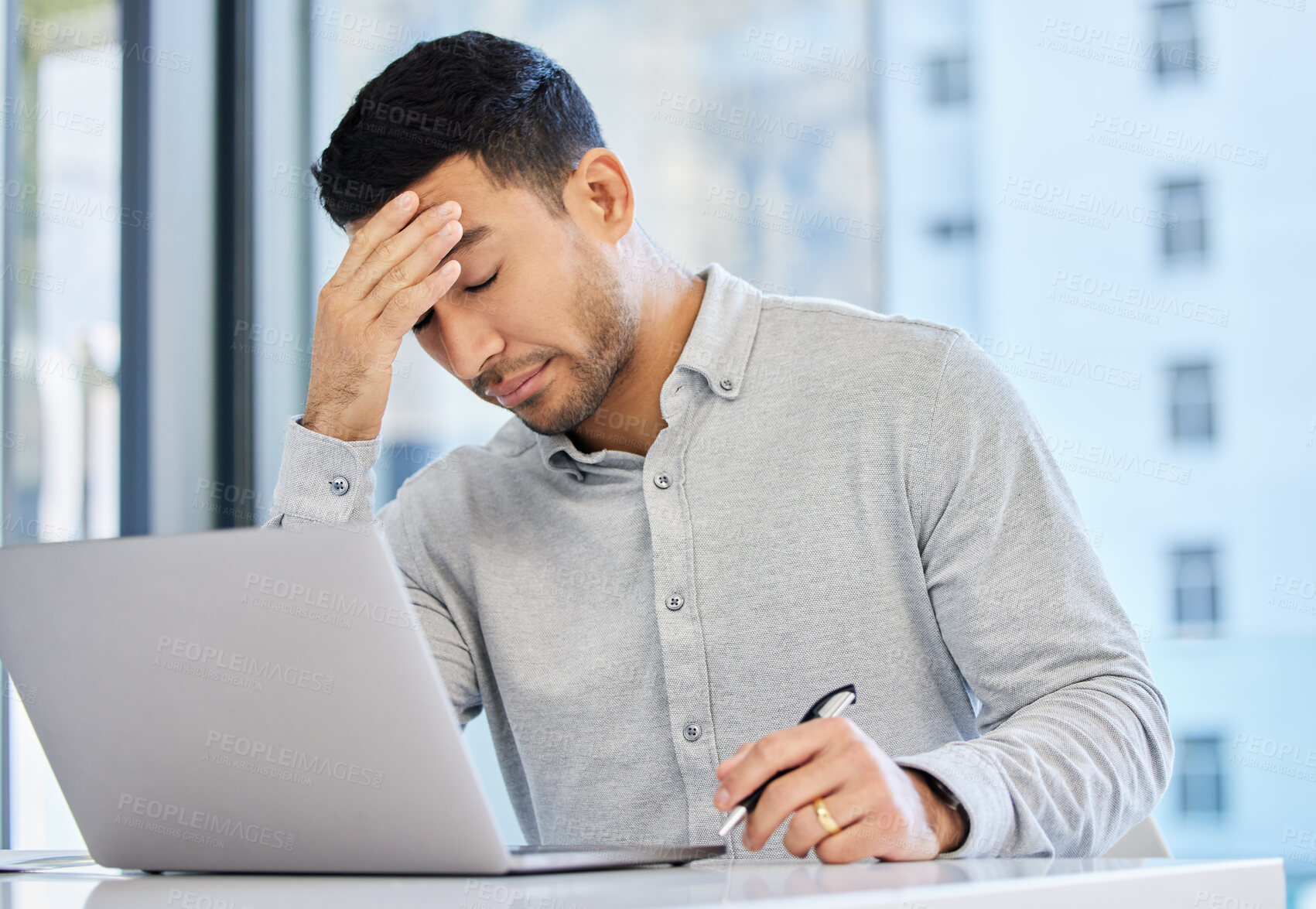 Buy stock photo Man, headache and laptop in office, tired and thinking with stress for deadline, burnout or exhausted. Business person, computer and migraine with fatigue, pain or massage head in insurance company