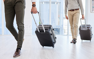 Buy stock photo Airport, legs and business people walking with suitcase for travel, airplane flight and terminal gate for trip. Closeup, bag luggage and corporate journey on plane, transportation and global traveler
