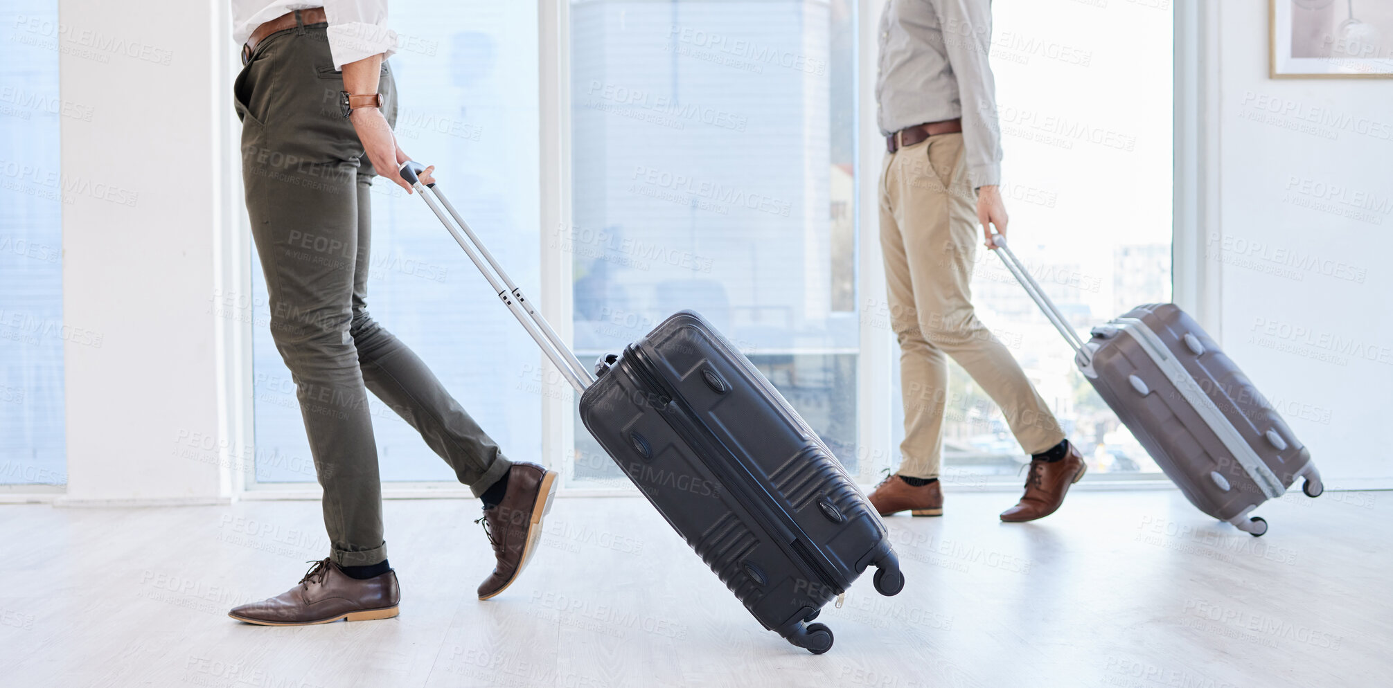 Buy stock photo Airport, legs and business people walking with suitcase for travel, flight and floor of building lobby for trip. Closeup, airplane and luggage of corporate employees for journey with flying transport