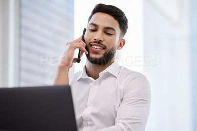 Buy stock photo Phone call, laptop and businessman working in the office while talking on cellphone for communication. Happy, smile and professional male employee on mobile conversation while doing company research.