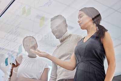 Buy stock photo Team, ideas on glass board and brainstorming strategy, sticky note and employees working together on agenda. Collaboration, meeting with business people and planning, project management and notes