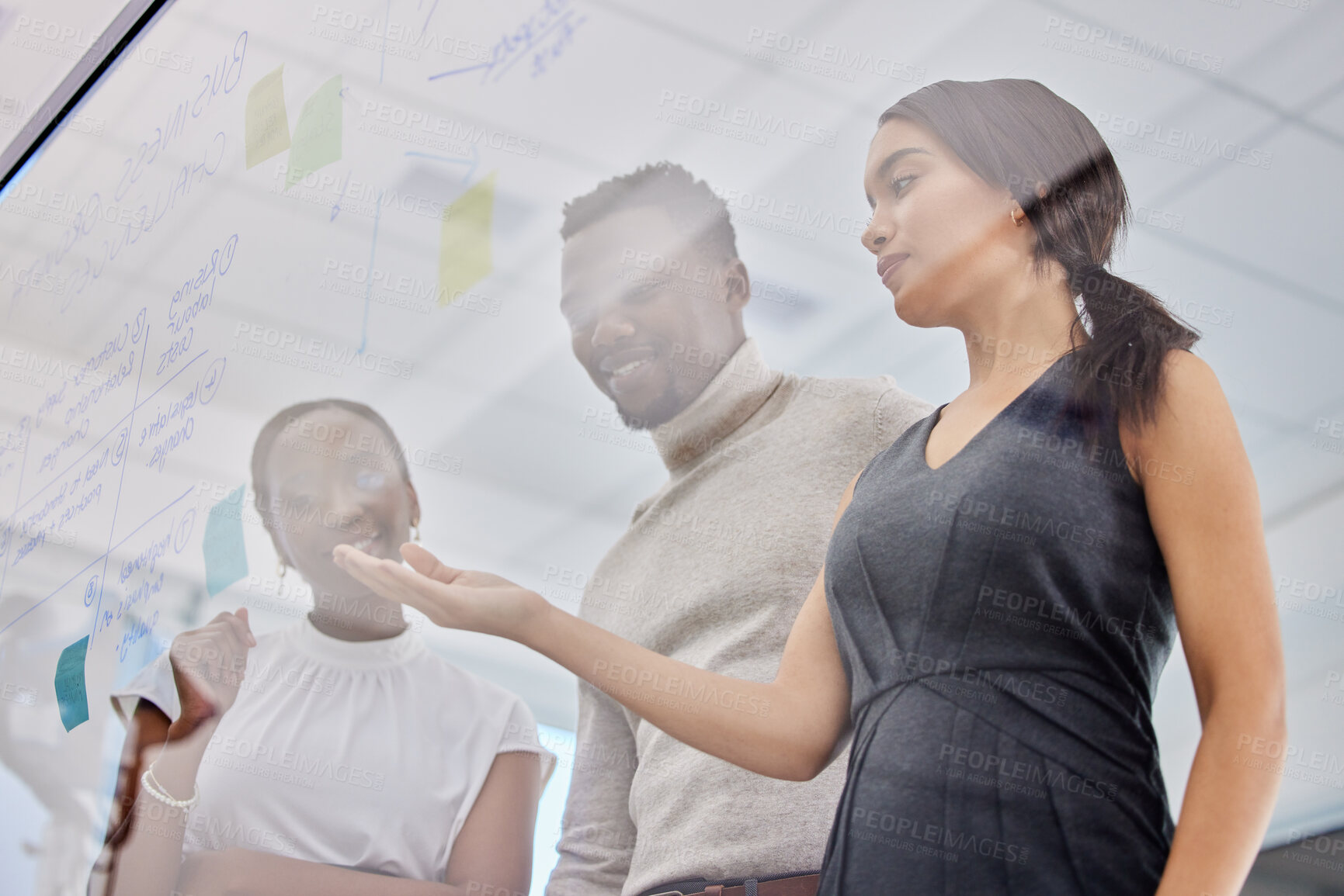 Buy stock photo Team, ideas on glass board and brainstorming strategy, sticky note and employees working together on agenda. Collaboration, meeting with business people and planning, project management and notes