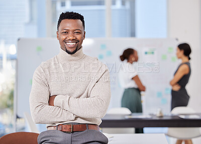 Buy stock photo Man, portrait and arms crossed in workshop, office and happy with confidence, pride or leadership. African entrepreneur, black business owner or smile in boardroom for presentation at creative agency