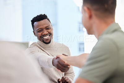 Buy stock photo Men, handshake and partnership, success in interview with onboarding, promotion and working together. Collaboration, professional team and business people shaking hands in office, hiring and welcome