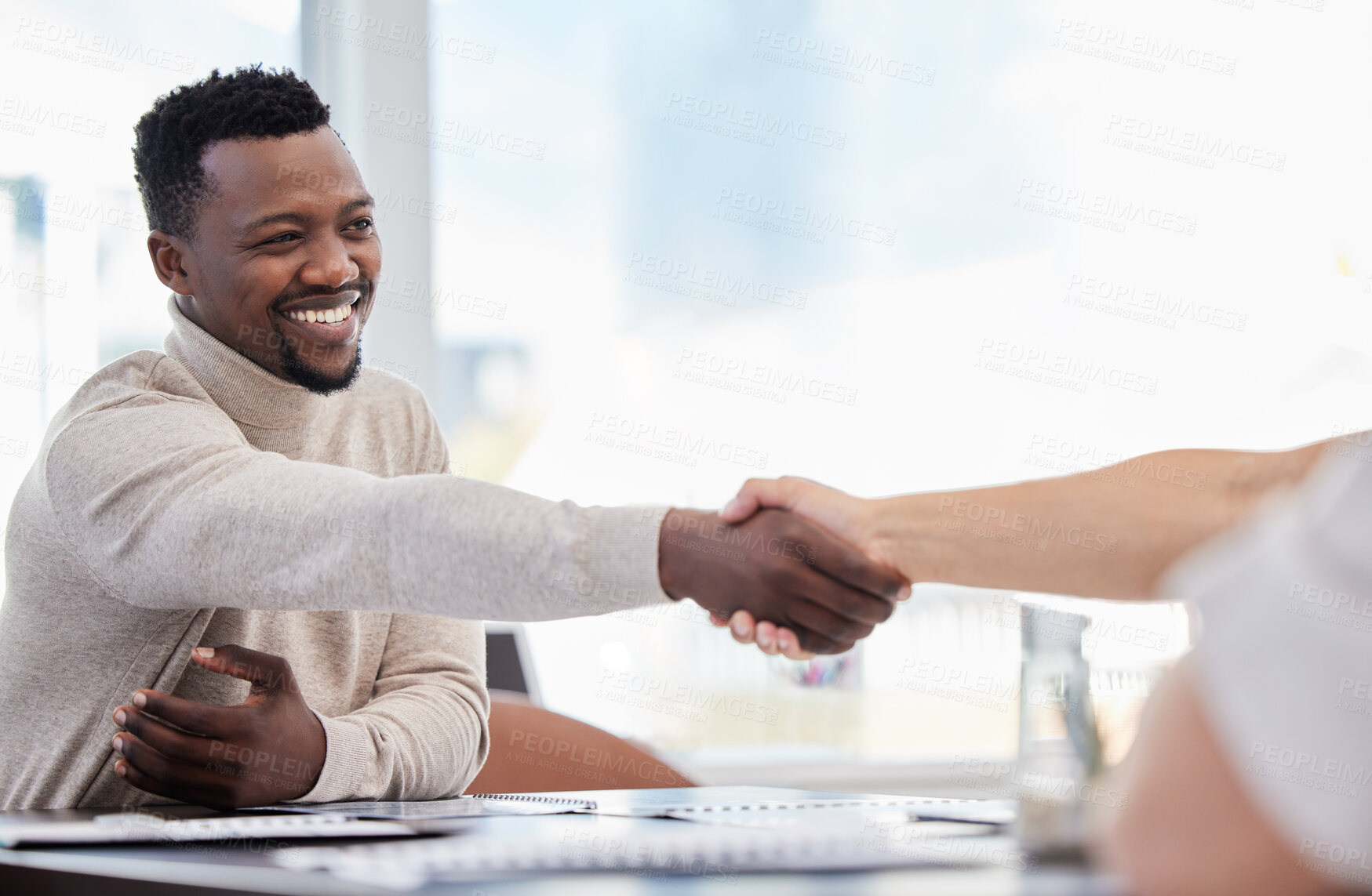 Buy stock photo Black man, handshake and partnership, success in interview with onboarding, promotion and working together. Collaboration, professional team and business people shaking hands in office with hiring