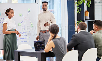 Buy stock photo Presentation, business and team with whiteboard in office or training, innovation and sale target. Speaker, coaching and black people mentor with workforce in tradeshow for strategy, planning or goal