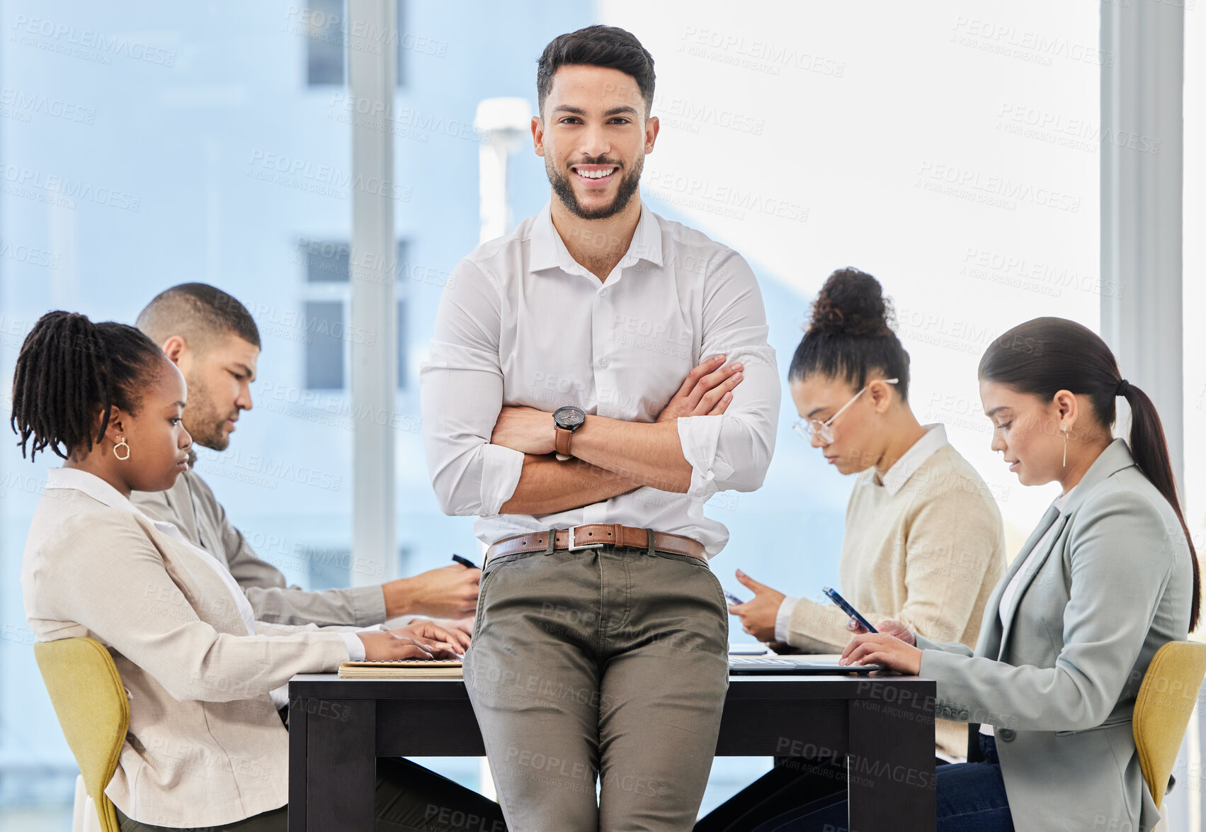 Buy stock photo Office team, meeting or portrait of businessman with arms crossed for leadership, confidence or career pride. Happy, manager or group at digital agency for creative, collaboration or project research