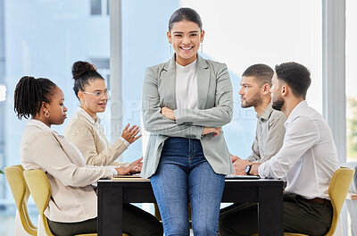 Buy stock photo Office team, meeting or portrait of business woman with arms crossed for leadership, confidence or career pride. Happy, manager or group at with consulting service meeting, planning or discussion