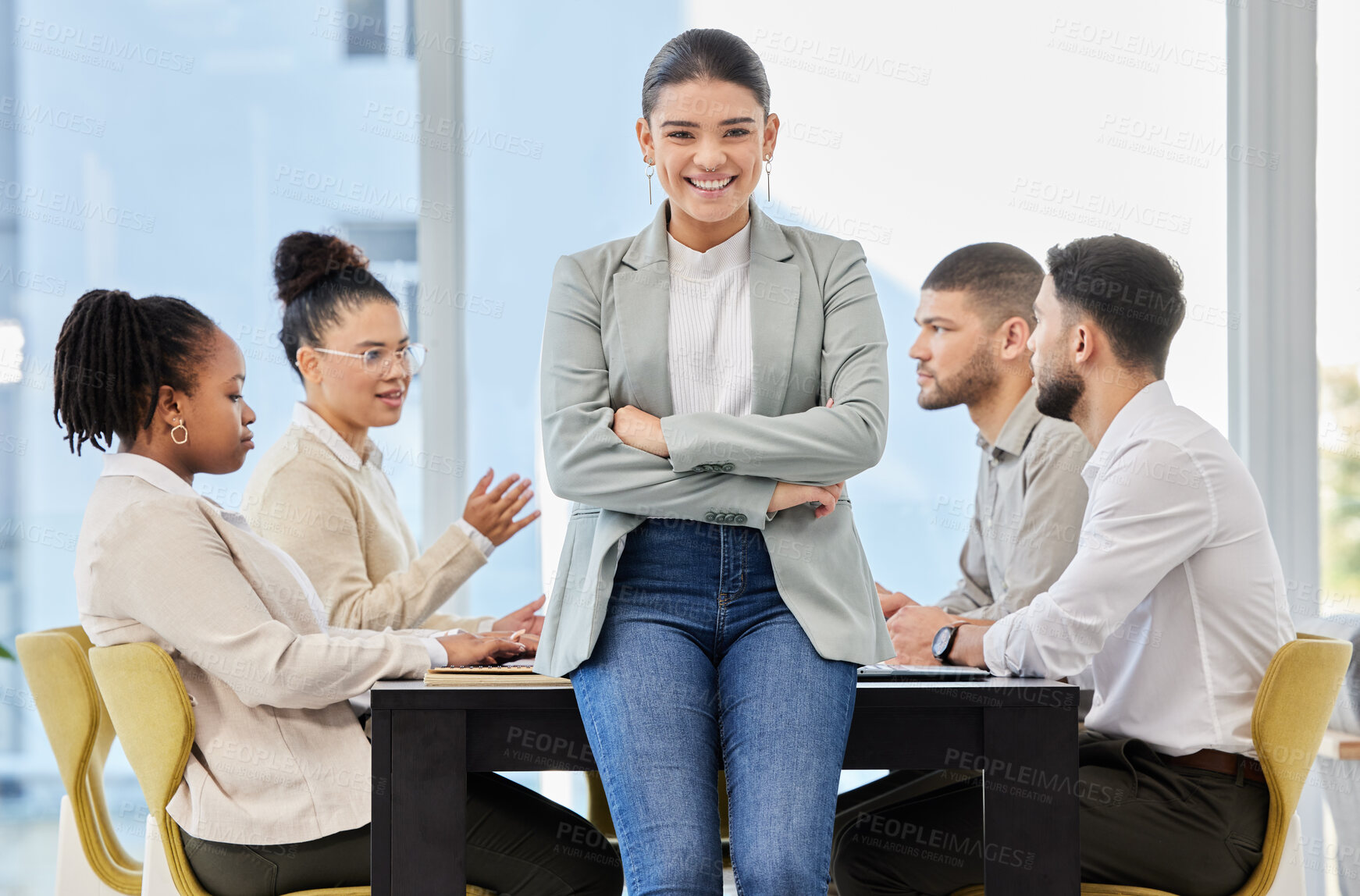 Buy stock photo Office team, meeting or portrait of business woman with arms crossed for leadership, confidence or career pride. Happy, manager or group at with consulting service meeting, planning or discussion